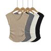 Chaleco de cuello en V estilo americano con cintura plisada para mujer, camiseta de verano de deseo puro, de manga corta, corta, tipo jersey, top casual