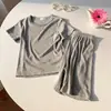 Conjunto de Tricô Liso para Casa Infantil, Conjunto de Duas Peças com Manga Curta e Shorts, Pijama para Meninos e Meninas, Pijama Fino com Canelado