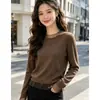Top de tricô liso de cor única com manga longa e detalhes em renda de malha, com barra delicada, perfeito para o início do outono, uma peça interna de caimento justo para mulheres