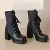 Botas Martin de mujer versátiles de talla grande con bloques de color para otoño e invierno, botas de media caña de tacón alto con punta cuadrada transfronterizas con plataforma impermeable, tacón cuadrado y cremallera lateral