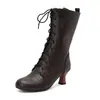 Botas estilo Martin femininas redondas com cadarço, estilo europeu e americano, outono e inverno, com salto alto, de cano médio, tamanho grande, fornecimento para comércio exterior transfronteiriço 7737