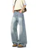 Calça jeans masculina estilo americano azul lavada de perna larga, corte reto solto, calça longa versátil, vintage desgastada, levemente alargada, calça comprida até o chão