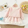 Conjunto de Suéter para Niña Otoño/Invierno Nuevo Cuello de Encaje Vestido de Punto Estilo Coreano Dulce Vestido Suéter de Princesa para Bebé