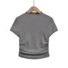 Tendência Feminina Nova Sexy Plissada Cor Sólida Manga Curta Básica Justa Pequena Gola Alta Camiseta Cyber Celebridade Top Justo
