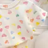 Conjunto de Punto Colorido con Estampado de Corazones para Niñas 2026 Nuevo Estilo de Verano Conjunto Elástico de Top y Pantalones Acampanados para Niños Pequeños