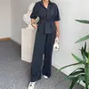 2025 Novo Europeu e Americano Amazon Comércio Exterior Transfronteiriço Roupas Femininas Lapela Manga Curta Cintura Marcada Cinza Escuro Calça Conjunto de Duas Peças