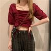 Verano nuevo retro elegante adelgazante suéter corto con cordón para mujer diseño casual top de manga corta