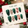 30 piezas de uñas postizas con temática navideña: rayas de purpurina verde, patrones florales rojos, color sólido verde hierba, uñas postizas con forma de almendra
