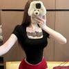 Estilo Pura Luxúria Doce e Picante Renda Recortada Decote Quadrado Manga Curta Camiseta Sexy Elegante Slim Curta Expondo o Umbigo Versátil Top para Mulheres