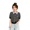 Camisa estilo universitario con cárdigan de rayas bordado de manga corta, blanco talla única, gris, negro, rojo y albaricoque