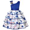 Novo vestido de saia de bolo europeu e americano estampado para meninas vestido de ombro oblíquo roupa de festa de aniversário Saia infantil de comércio exterior em