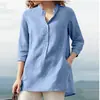 Otoño 2021 Ropa Europea y Americana para Mujer Camisa Pulóver de Algodón y Lino con Cuello Alto Estilo Ropa de Trabajo Empalme Corte Holgado Elegante Ropa de Trabajo