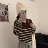 Outono e Inverno Estilo Coreano Simples Casual Versátil Malha com Lapela para Mulheres Malha com Lapela Listrada Marrom Top Tricotado para Mulheres
