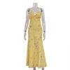 Vestido Sexy Quente com Estampa Decote em V Profundo Estilo Europeu e Americano Feminino Sem Mangas Ombro a Ombro Cintura Alta Saia Longa de Alça Exportação Ebay