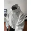Moletom branco-cinza com zíper parcial e gola alta para homens, moletom com capuz de retalhos desconstruídos para outono, peça de outer wear masculina cleanfit