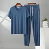 Nuevo Conjunto de Ropa para el Hogar Holgado Tallas Grandes para Hombre Modal Delgado Cuello en V Manga Corta Puños en las Mangas Pantalones Largos Conjunto de Dos Piezas
