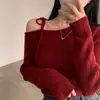 Suéter Chic Coreano de Outono com Design Jovem, Gola Diagonal Irregular e Tricô Estiloso com Amarração para Mulheres