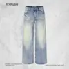 Jeans de mezclilla básicos estilo americano con lavado desgastado para hombre, marca punk de moda, pantalones rectos holgados vintage degradados