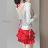 Blusa Doce de Manga Longa, Cor Vermelha Deslumbrante, Biquíni de Duas Peças Valorizador, Saia Bolo Estilo Puro Desejo, Roupa de Banho para Resort de Águas Termais para Mulheres