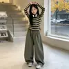 Conjunto de Ropa de Otoño para Niñas Mayores y Estudiantes de Secundaria, Estilo Coreano Casual Holgado Pantalones de Pierna Ancha, Camiseta Rayada de Primavera y Otoño para Niños