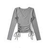 68060-24 Verano Nuevo Estilo Europeo y Americano Sexy Pura Pasión Sexy Cuello en V Hilo Cordón Manga Larga Top Camiseta