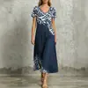 Vestido de verano con estampado étnico degradado transfronterizo europeo y americano, cuello en V, manga corta, holgado, con caída, abertura, midi