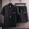 Terno de Verão Masculino Moderno Combina com Tudo Cor Sólida Casual Camiseta de Manga Curta Waffe Top Estilo Coreano Marca Moderna Calças de Cinco Quartos