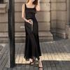 Vestido Satén Cuello U Tirantes para Mujer, Diseño Veraniego Femenino, Falda Larga Cola de Pez, Vestido Francés