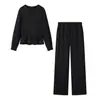 Atacado de roupas femininas transfronteiriças: conjunto de T-shirt nova de manga longa com gola redonda e acinturado + calça reta com cintura elástica, estilo europeu e americano da moda