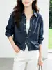 Camisa corta de mezclilla para mujer, manga larga, nuevo estilo otoño 2026, cintura con cordón, corte holgado, diseño adelgazante, top tipo chaqueta