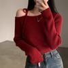 Suéter de Punto con Cuello Irregular Asimétrico Hombros Descubiertos Lazos Deseo Puro Manga Larga para Mujer Estilo Chic Coreano Otoño/Invierno 2026 Ajuste Delgado