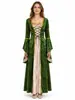 Vestido Vintage de Veludo Dourado com Cadarço e Mangas Longas para Festa de Halloween, Corte Medieval Europeu e Americano, Fantasia para Performance de Palco