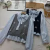 [Bizheng] Nueva Camisa Dulce de Manga Larga Estilo Coreano Otoño 2025 + Chaleco de Punto con Lazo de Perlas para Mujer 4780