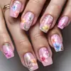 Pegatinas para Uñas Rosas Florales de Longitud Media Cuadradas, Pegatinas para Uñas de Moda Europea y Americana, Uñas Portátiles Desmontables