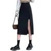 Saia de terno plus size feminina, design de outono, saia longa de cintura alta em A, fenda lateral, adequada para figuras baixinhas