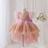 Novo Vestido Cauda de Andorinha Estilo Europeu e Americano da Amazon com Mangas Curtas Voantes e Saia Longa Bordada para Crianças Mais Velhas, Roupa de Aniversário Infantil para Apresentação