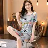 Pijama feminino verão manga curta calça cropped estilo coreano fofo solto traje estudante fino jovem verão roupa de casa