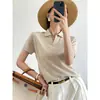 Estilo Clásico Old Money~Camiseta Sencilla de Alta Gama con Cuello Polo y Cuello Solapa, Top de Punto de Manga Corta de Lino Lyocell para Mujer en Verano