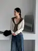 Camiseta Base de Punto Fino para Mujer Jiang Chi Otoño Temprano, Cuello en V Suave y Elegante, Color Sólido Ajustada con Bordes Enrollados, Suéter Delgado 218