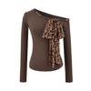 Camiseta de Manga Larga con Hombros Descubiertos y Estampado de Leopardo con Lazo Estilo Americano para Mujer, Top Interior Elegante de Gama Alta y Corte Slim para Chicas Hot