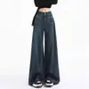 Calça Jeans Wide Leg Vintage Versátil Design de Botão Duplo Nicho Cintura Alta Reta Solta Mop Jeans Feminino