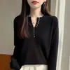 Venta al por mayor transfronteriza de nuevos suéteres de punto de cuello en V para otoño e invierno, suéteres de punto de manga larga para mujer talla grande con botones, camisetas básicas de color liso
