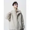 Inverno Novo Falso Duas Peças Algodão Roupa Externa Jaqueta de Lã Masculina Streetwear Casal Americano Solta Bonita Jaqueta Top de Algodão