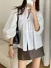Camisa chique coreana solta com retalhos plissados e mangas bufantes com gola polo, top casual versátil para mulheres, outono 17953