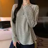 K2236 Camisa Base Rayada Cuello Redondo Estilo Casual para Mujer, Nueva Camiseta de Manga Larga Versátil Holgada Adelgazante Otoño/Invierno