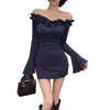 Vestido Elegante de Volantes de un Hombro para Mujer de Primavera, Falda Corta de Manga de Trompeta, Falda de Manga Larga, Falda Ajustada Sexy