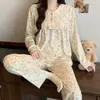 Pijama de Algodón Nube para Mujer, Primavera y Otoño, Dulce Estilo Campestre, Estampado Floral, Manga Larga y Pantalones, Corte Holgado, Se Puede Usar Afuera, Conjunto para Casa