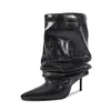 Botas de Montar de Primavera 2026 Estilo Europeo y Americano, Modelo Nuevo, Delgadas, de Tacón Alto, Puntiagudas, para Mujer, Botas Marrones Plisadas Fruncidas, Botas Cortas En relieve