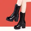 Botas de Moda de Charol con Tacón Alto para Mujer con Cordones 2026 Otoño Cremallera Lateral Botines Plataforma Tacón Grueso Invierno Botas de Media Caña Más Terciopelo
