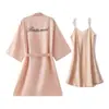 Roupão de Manhã de Casamento Feminino Noiva Madrinha Grupo Seda Gelada Pijama de Casamento Camisola Robe Vermelho Feminino Comprimento Médio Fino